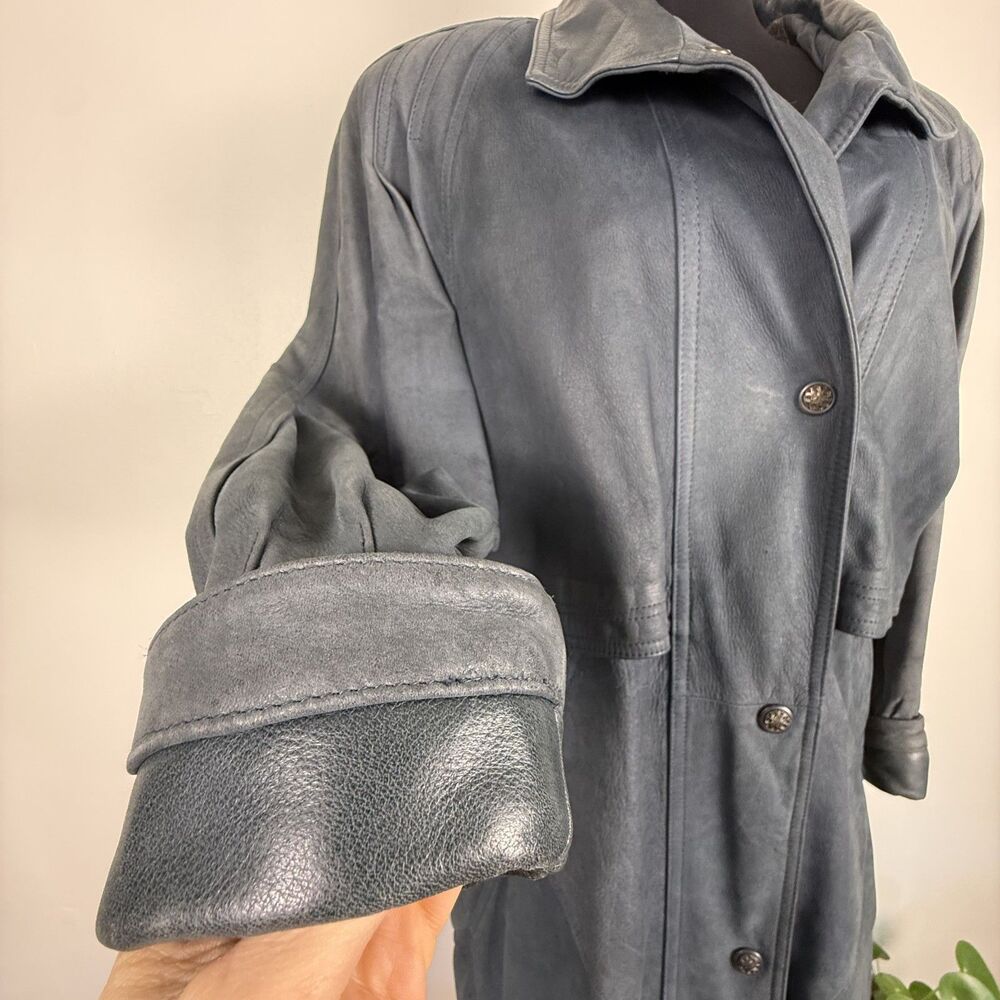 Vintage Genuine Leather Trench Coat, Slate-Gray-Blue - Picture 8 of 16
